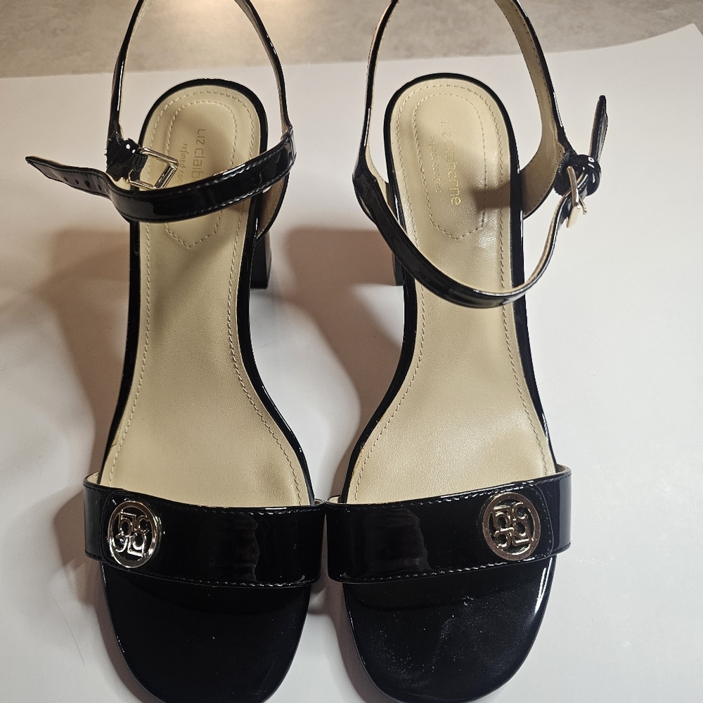 LIZ CLAIBORNE BLACK PATENT LEATHER SANDALS SZ 9.5W BUSINESS WEDDING NWOT PREPPY